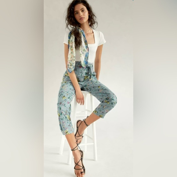 ANTHROPOLOGIE Victoria Floral Cargo Utility Pants High Rise Gray Blue Size 4 - Picture 2 of 14